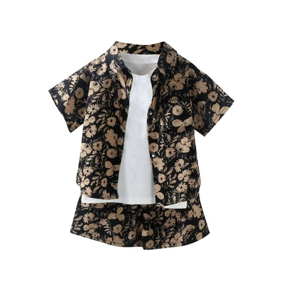 AUNVITO Boys Fashion Printed Shirt & Pants Set Casual Button Front Short Sleeve Lightweight Top with Collar for 2-14 Years