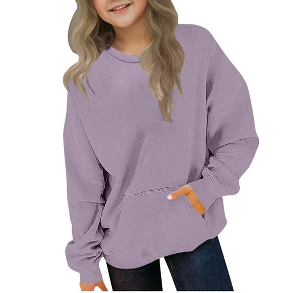 AUNVITO Boys & Girls 2-12Y Casual Sporty Sweatshirt with Pockets, Stretch Fabric Soft Long Sleeve Solid Color Pullover for Outdoor Activities