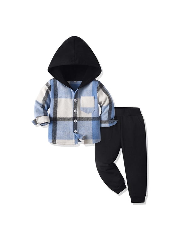 Boys & Girls 2-8Y Autumn Hooded Plaid Shirt & Casual Pants Two-Piece Set Cotton Loose Fit Adjustable Hood Elastic Waistband for Playground School