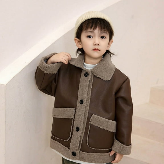 AUNVITO Boys & Girls 4-14Y Fleece Lined Leather Jacket Thermal Windbreaker Color Block No Hood Winter Coat