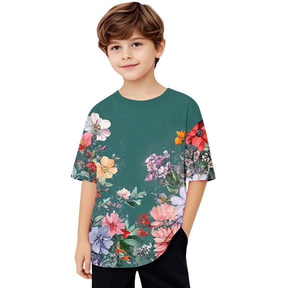 AUNVITO Boys & Girls 5-15 Years Casual Loose Fit Short Sleeve Top Fashion Streetwear Basic