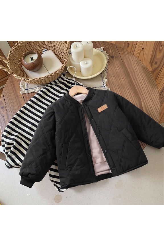 Boys & Girls 7-15Y Quilted Jacket Solid Button Front Thickened Warm Cotton Coat Casual Long Sleeve Indoor Outdoor Wear