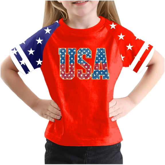 AUNVITO Boys & Girls Casual Raglan Sleeve T-Shirt Patriotic Independence Day Print Round Neck Graphic Top
