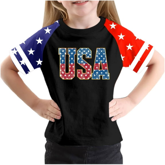 AUNVITO Boys & Girls Casual Raglan Sleeve T-Shirt Patriotic Independence Day Print Round Neck Graphic Top