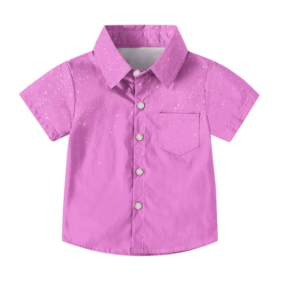 AUNVITO Boys & Girls Casual Short Sleeve Uniform Shirt Stylish Solid Color with Star Glitter Pocket School Wear 2-15 Years