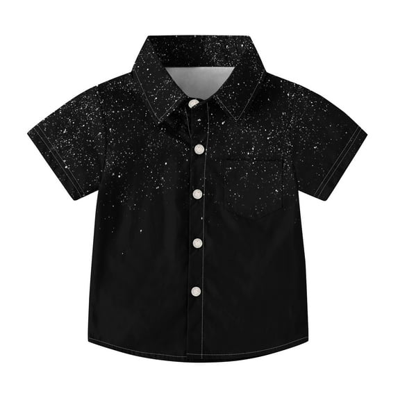 AUNVITO Boys & Girls Casual Short Sleeve Uniform Shirt Stylish Solid Color with Star Glitter Pocket School Wear 2-15 Years