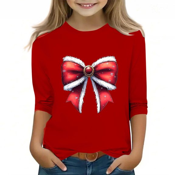 AUNVITO Boys & Girls Christmas Print 3/4 Sleeve Shirt Stretchy Casual Comfort Fit Round Neck Holiday Party Top 3-12Y