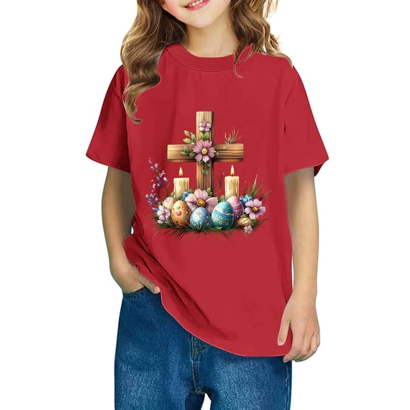 AUNVITO Boys & Girls Easter Cartoon Cotton Shirts Round Neck Short Sleeve Tees for Toddlers
