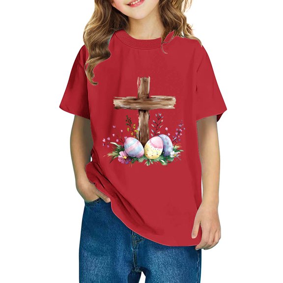 AUNVITO Boys & Girls Easter Cartoon Cotton Shirts Round Neck Short Sleeve Tees for Toddlers