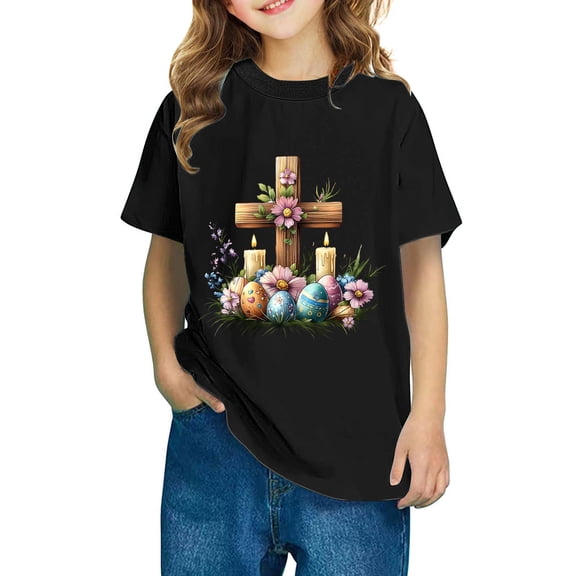 AUNVITO Boys & Girls Easter Cartoon Cotton Shirts Round Neck Short Sleeve Tees for Toddlers