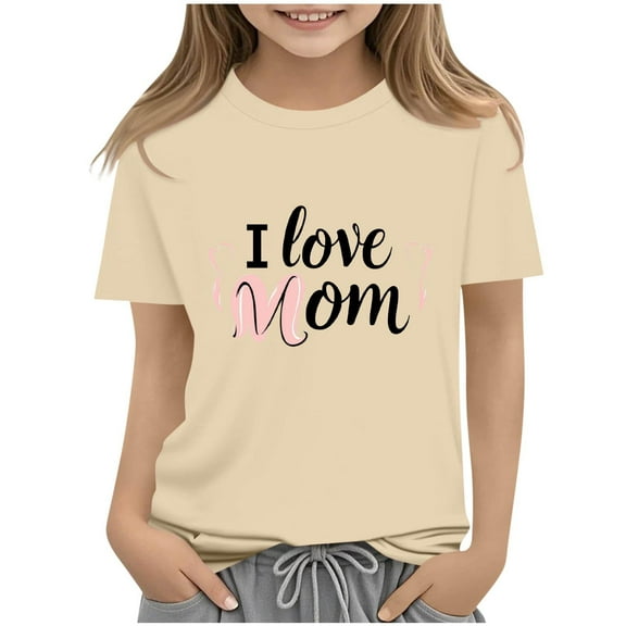 AUNVITO Boys & Girls I Love Mom Print Casual Short Sleeve T-Shirt Round Neck Pullover Top Spring Summer Mother's Day Graphic Tee