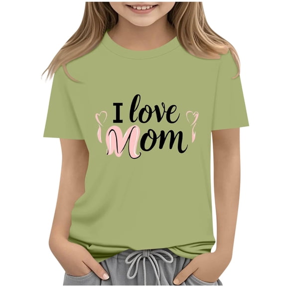 AUNVITO Boys & Girls I Love Mom Print Casual Short Sleeve T-Shirt Round Neck Pullover Top Spring Summer Mother's Day Graphic Tee