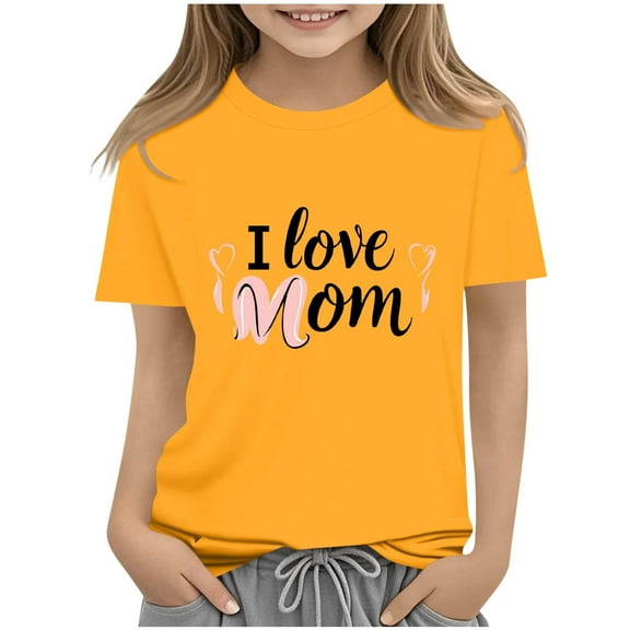 AUNVITO Boys & Girls I Love Mom Print Casual Short Sleeve T-Shirt Round Neck Pullover Top Spring Summer Mother's Day Graphic Tee