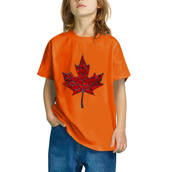 AUNVITO Boys & Girls Maple Leaf Print Casual Short Sleeve Cotton T-Shirt Cute Comfy Fashion Top