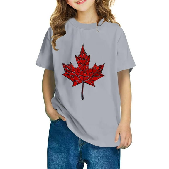 AUNVITO Boys & Girls Maple Leaf Print Casual Short Sleeve Cotton T-Shirt Cute Comfy Fashion Top