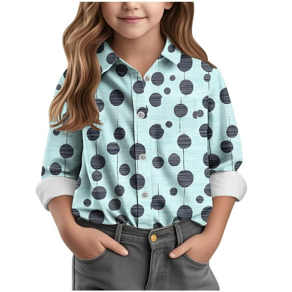 AUNVITO Boys & Girls Polka Dot Print Button Down Collar Casual Shirt Jacket Long Sleeve Spring Summer Overshirt Kids Everyday Wear