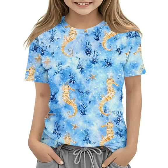 AUNVITO Boys Girls Printed Casual Short Sleeve T-shirt Round Neck Top Y2K Daily Wear