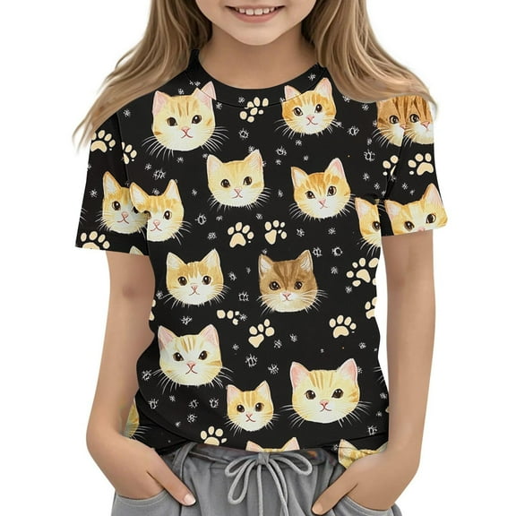 AUNVITO Boys Girls Printed Casual Short Sleeve T-shirt Round Neck Top Y2K Daily Wear
