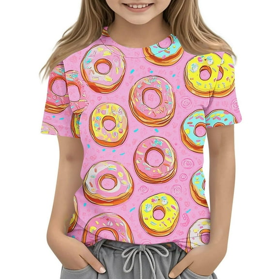 AUNVITO Boys Girls Printed Casual Short Sleeve T-shirt Round Neck Top Y2K Daily Wear