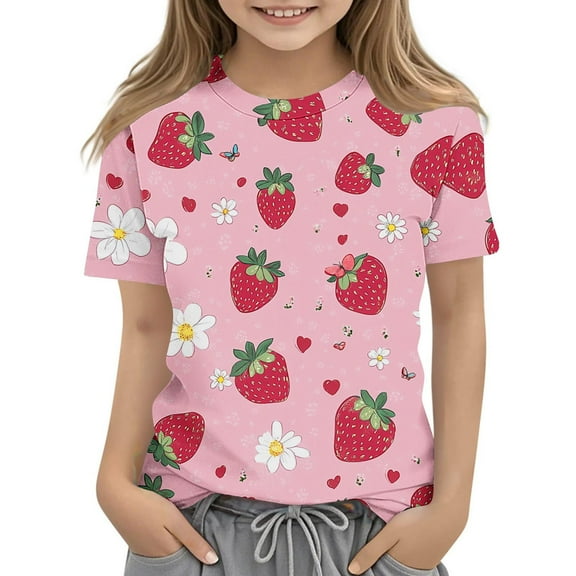 AUNVITO Boys Girls Printed Casual Short Sleeve T-shirt Round Neck Top Y2K Daily Wear