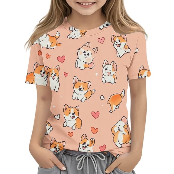 AUNVITO Boys Girls Printed Casual Short Sleeve T-shirt Round Neck Top Y2K Daily Wear