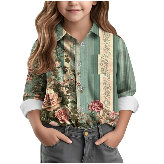 AUNVITO Boys & Girls Printed Shirt Button Down Collar Long Sleeve Casual Jacket Spring Summer Vintage Style Outerwear