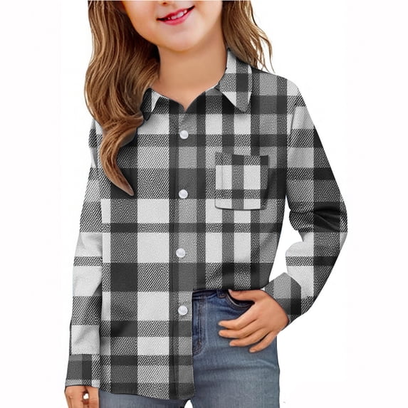 AUNVITO Boys & Girls Stretchy Checkered Long Sleeve School Shirt with Pockets, Casual Stylish Uniform Top for 6M-8Y