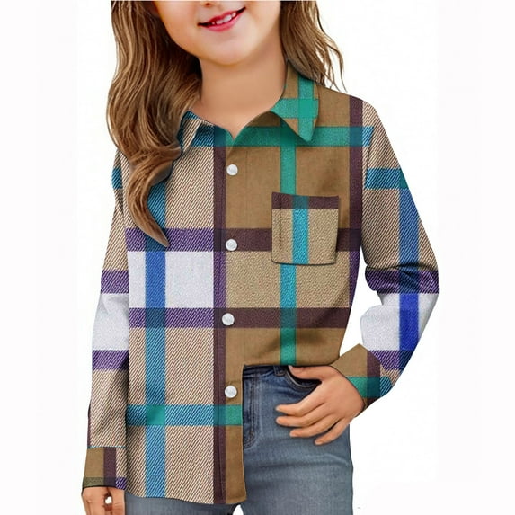 AUNVITO Boys & Girls Stretchy Checkered Long Sleeve School Shirt with Pockets, Casual Stylish Uniform Top for 6M-8Y