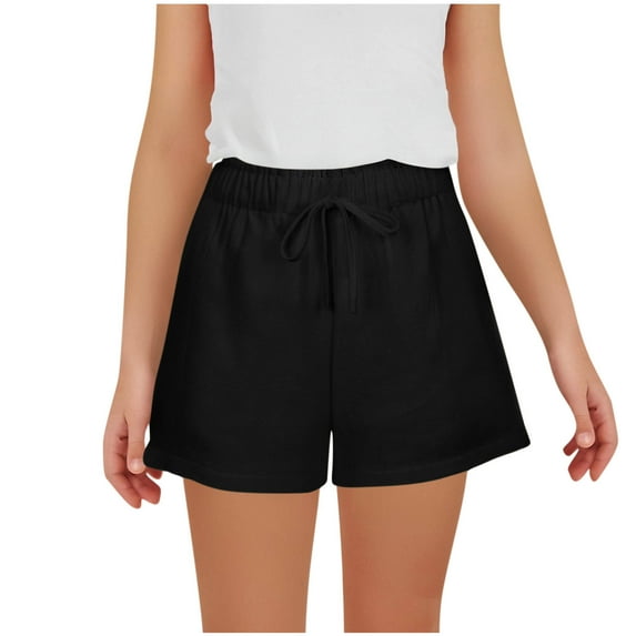 AUNVITO Boys & Girls Summer Cotton-Linen Ruffle Hem Elastic Waist Adjustable Drawstring Pocket Shorts - Solid Color