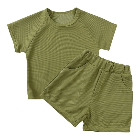 AUNVITO Boys & Girls Summer Waffle Knit Short Sleeve Set Casual Solid Color Top Shorts 2-Piece Outfit