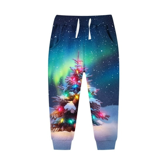 AUNVITO Boys Girls Sweatpants Winter Christmas Print Elastic Waist with Drawstring Pockets Fleece-Lined Thickened Casual Sporty Long Pants Holiday Style