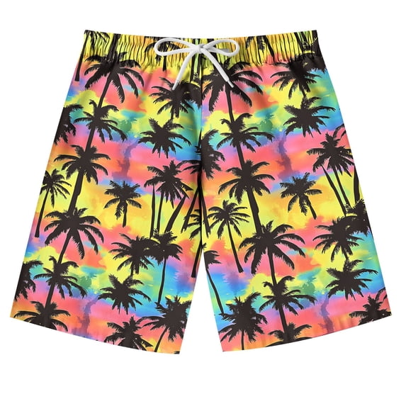 AUNVITO Boys Girls Swim Trunks Hawaiian Palm Tree Print Elastic Drawstring Adjustable Waist Beach Shorts for Kids 7-14 Years
