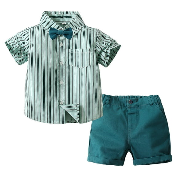 AUNVITO Boys Striped Print Shirt & Shorts Set Summer Casual Short Sleeve Turn-Down Collar Outfit