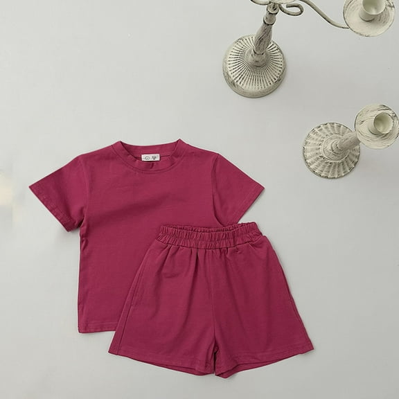 AUNVITO Children Solid Color Loose Boy Girl Pockets Shorts Short Sleeve Round-Neck Blouses T-shirt Sets