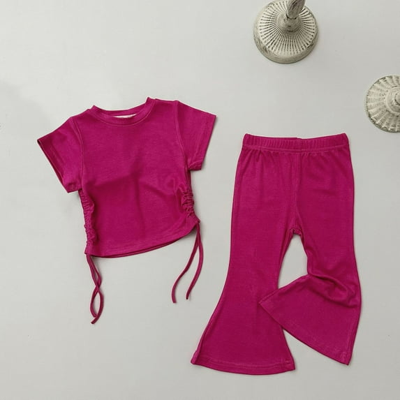 AUNVITO Children Solid Color Loose Girl Pockets Shorts Short Sleeve Drawstring Round-Neck Blouses T-shirt Sets