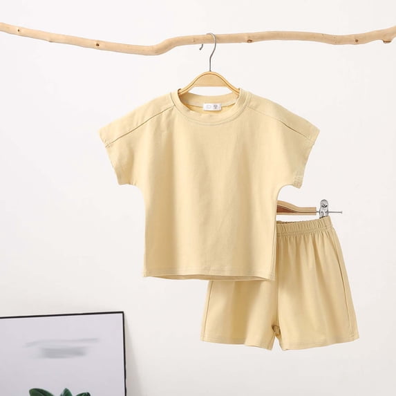 AUNVITO Children Solid Color Loose Leisure Boy Girl Shorts Short Sleeve Round-Neck Blouses T-shirt Sets