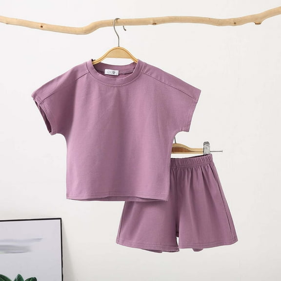 AUNVITO Children Solid Color Loose Leisure Boy Girl Shorts Short Sleeve Round-Neck Blouses T-shirt Sets