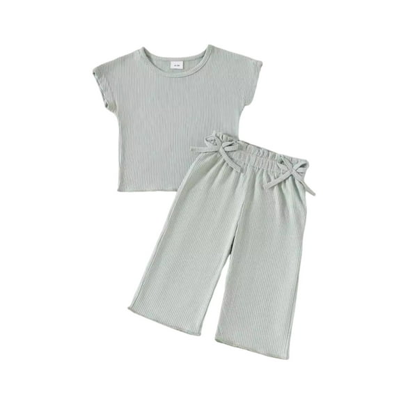 AUNVITO Children's Summer Girls Comfortable Fashionable Bow Short Sleeve Top Long Pants Two-piece Set