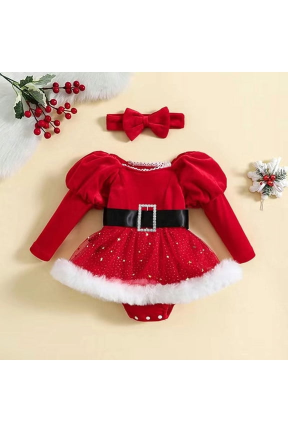 Christmas Baby Bodysuit Bubble Sleeves Mesh Raw Hem Romper Soft Polyester Holiday Outfit 0-24M Comfortable Playwear