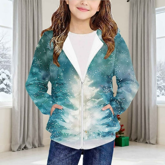 AUNVITO Christmas Print Hooded Zip-Up Hoodie with Pockets Long Sleeve Sportswear for Boys & Girls 4-12Y Casual Winter Outerwear