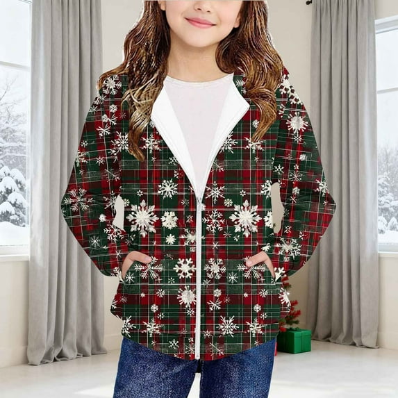 AUNVITO Christmas Print Hooded Zip-Up Hoodie with Pockets Long Sleeve Sportswear for Boys & Girls 4-12Y Casual Winter Outerwear