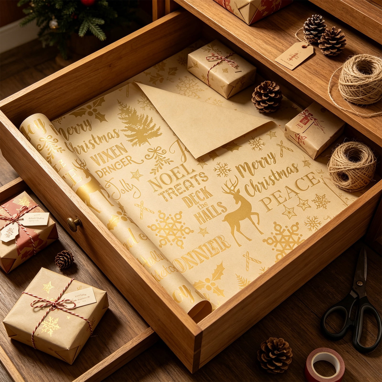 AUNVITO Clearance Christmas Wrapping Paper Roll Gold Foil Kraft Paper ...