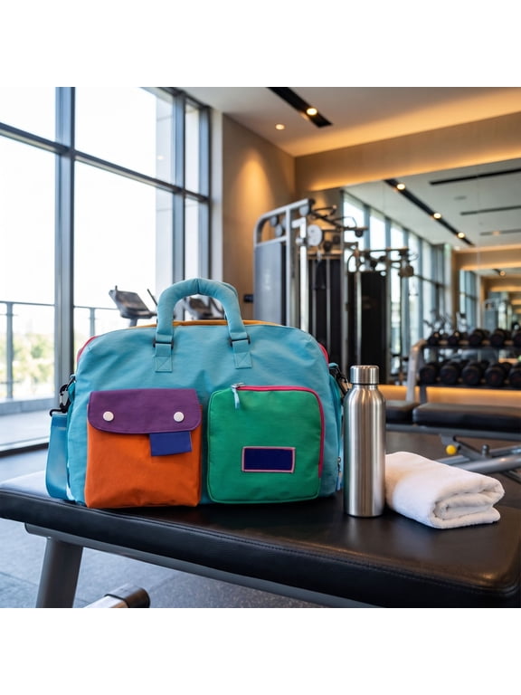 Color Block Weekend Travel Duffel Bag, Lightweight Foldable Overnight Gym Tote with Luggage Sleeve for Flight Boarding, 1pc