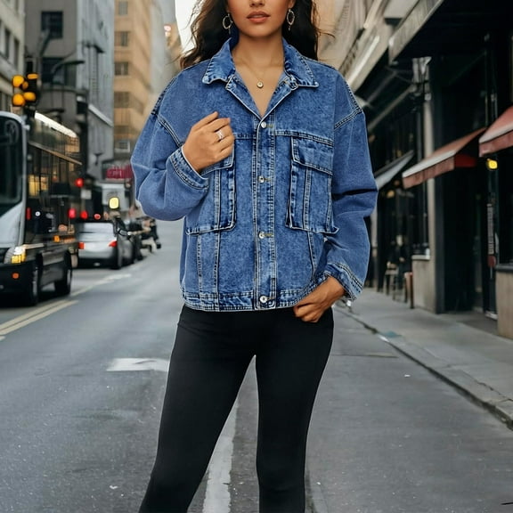 AUNVITO Comfortable Casual Denim Jacket for Women - Long Sleeve Turn-Down Collar Loose Fit Coat