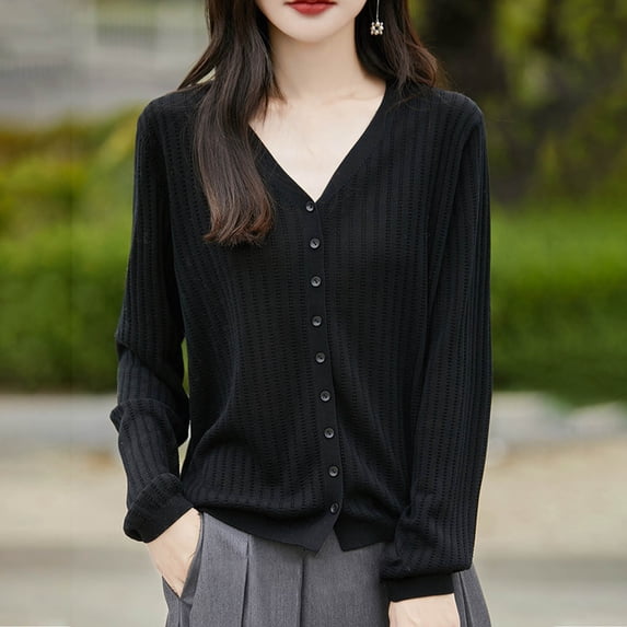 AUNVITO Comfortable Loose Fit Long Sleeves Cardigan for Women Casual Solid Color All Season Wear
