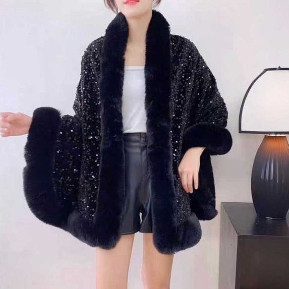 AUNVITO Cozy Faux Fur Collar Velvet Cape Coat Winter Warm Hooded Shawl Cloak for Women