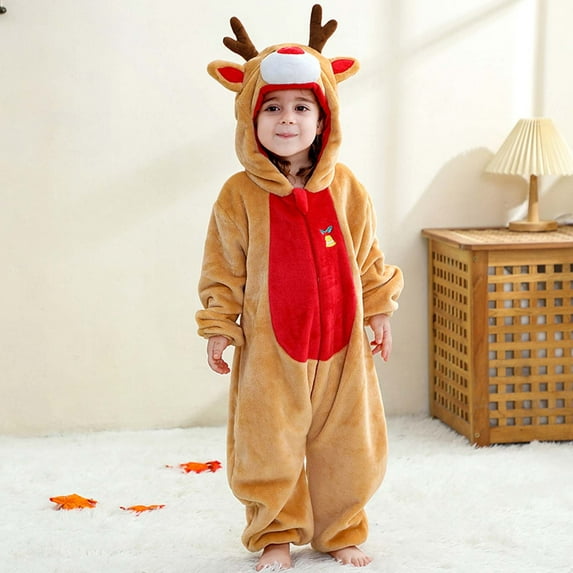 AUNVITO Cozy Fleece Animal Costume Romper for Boys & Girls Long Sleeve One-Piece Pajamas with Snap Closure Soft Warm Outfit for Kids Playtime & Sleepwear