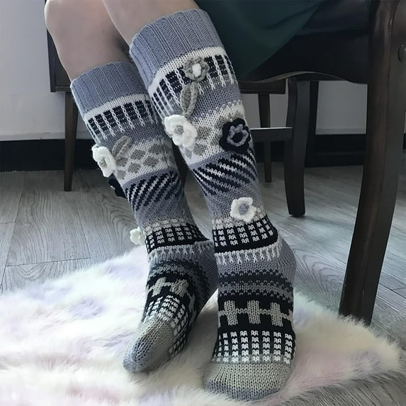 AUNVITO Cozy Knee-High Fleece Socks with Cute Decorations Non-Slip Winter Warm Floor Socks for Women