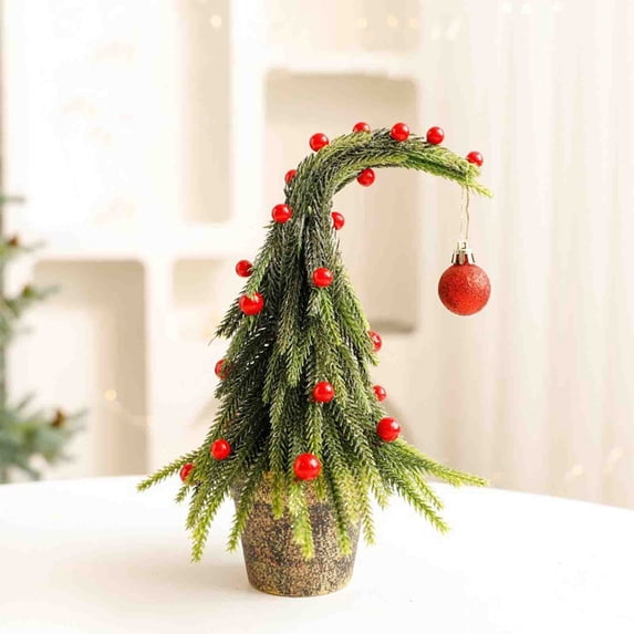 AUNVITO Crooked Neck Mini Christmas Tree Tabletop Decoration Tiny Tilted Tree Figurine for Home Office Mantel Holiday Party Decoration