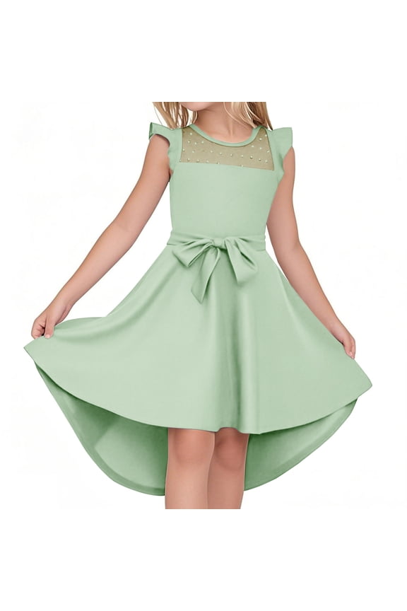 Elegant Mint Green Girls' Polk-Dot Mesh Ruffle Sleeve Swing Dress | Flared Skirt with Waist Bow | Special Occasion Toddler Dress Ages 5-13